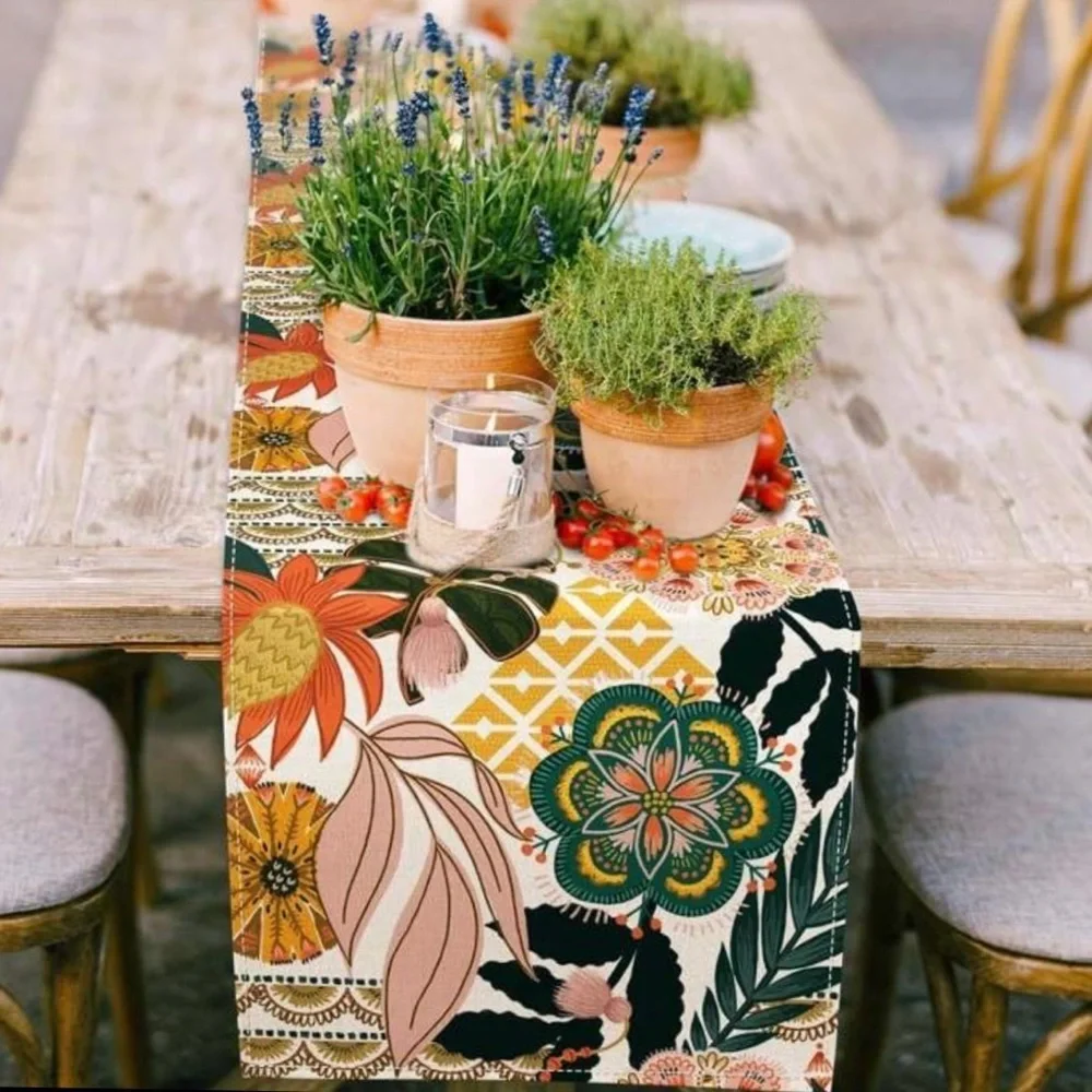 Colorful Floral and Plants Table Runner, 90” long